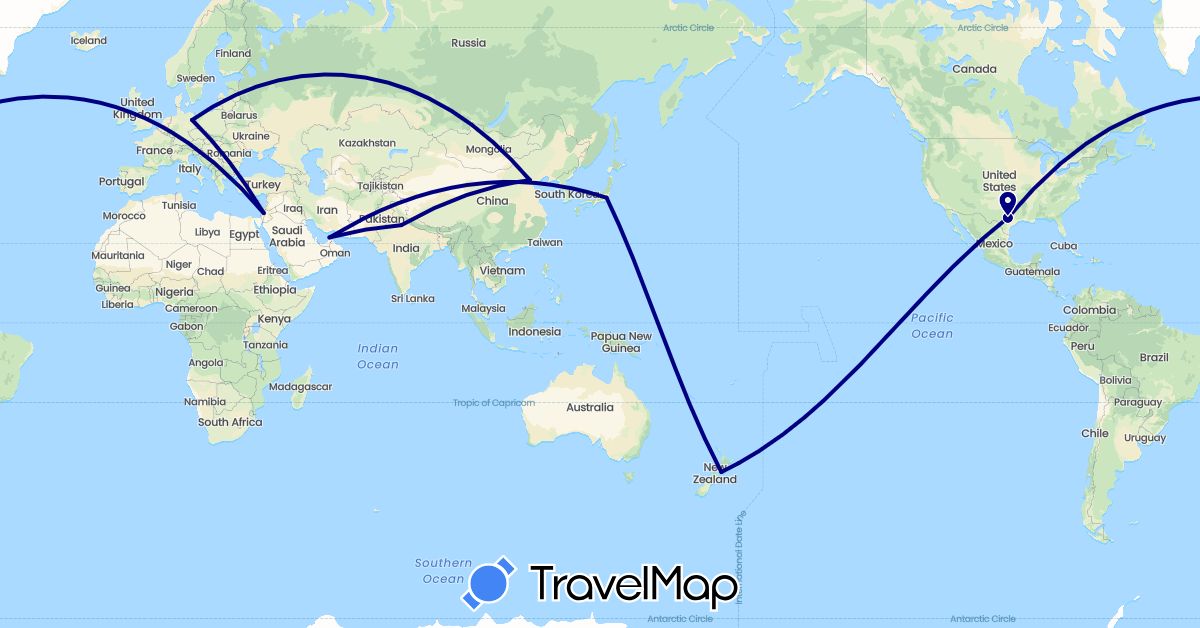 TravelMap itinerary: driving in United Arab Emirates, China, Germany, Israel, India, Japan, New Zealand, United States (Asia, Europe, North America, Oceania)